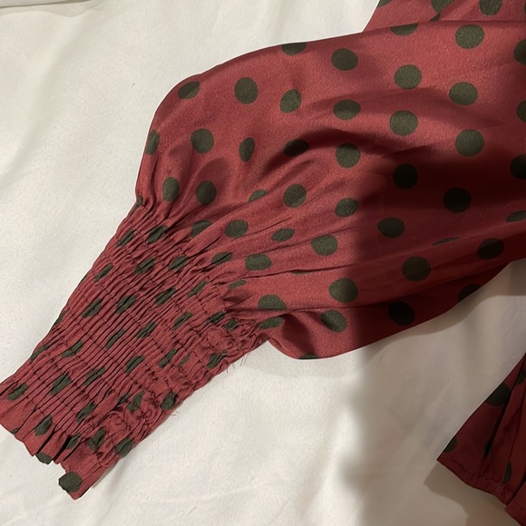 NWT Zara Satin Burgundy Red & Green Polka Dot Smocked Puff Sleeve Top in size M - Picture 7 of 10
